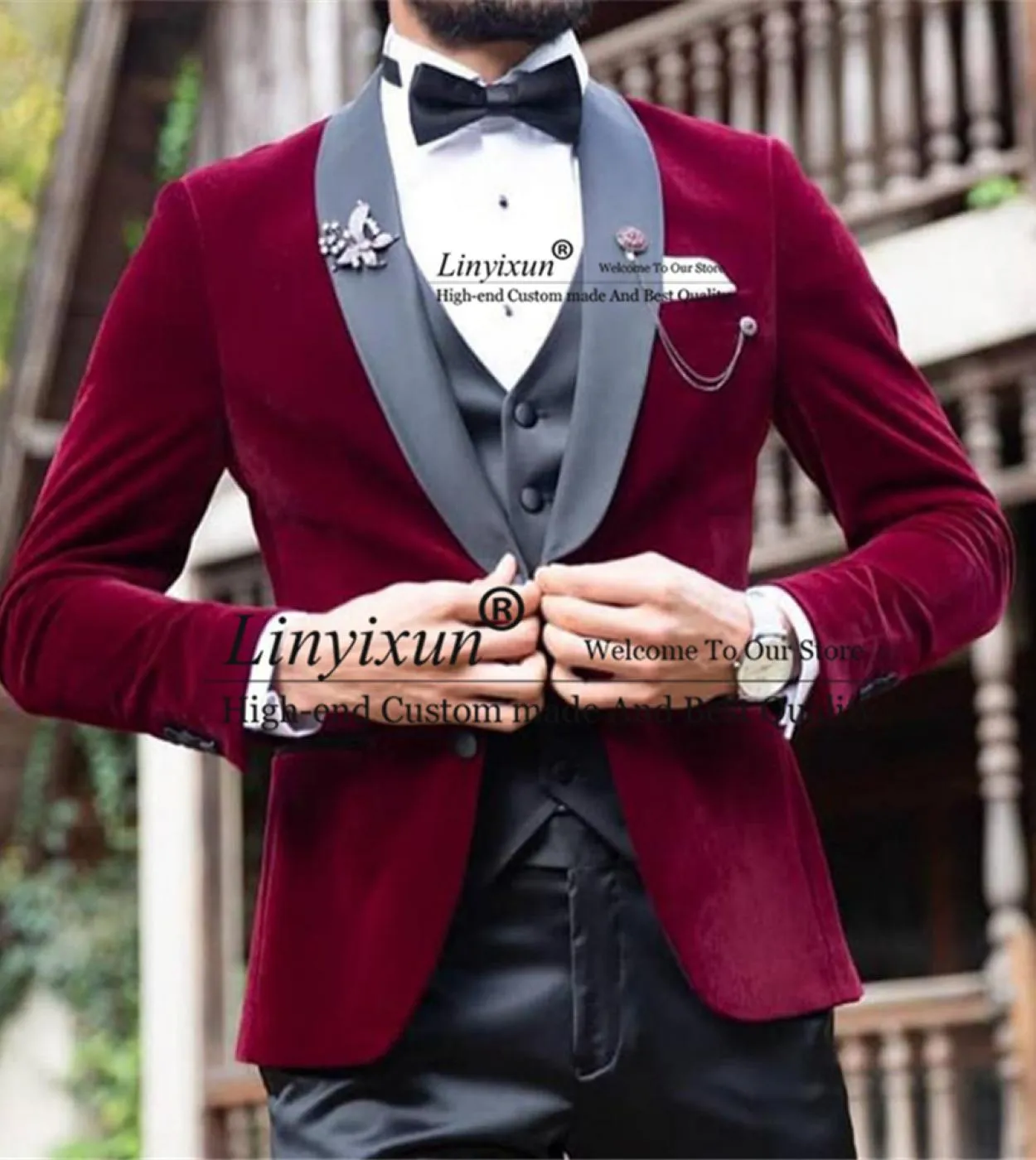 Men's Velvet Bordeaux Wedding Shawl Collar Tuxedo 3-Piece Set Dinner Jacket Vest Pants.