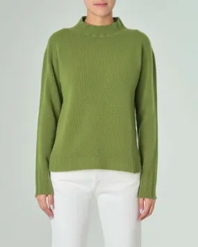 Green pure wool turtleneck sweater with side slits and longer back hem