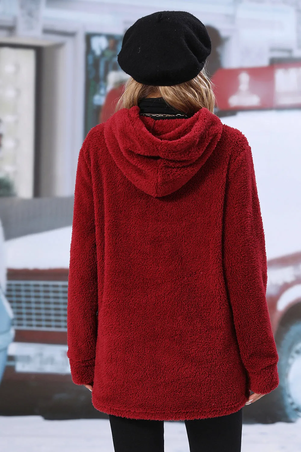 Red fleece hoodie sweatshirt with front pocket